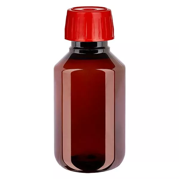Frasco PET 100ml com tampa de desgaseificação vermelha Frasco PET 100ml com tampa de desgaseificação vermelha