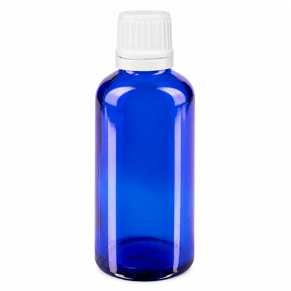 Frasco de farmácia azul 50ml tampa conta-gotas 1.2mm branco fecho inviolável Frasco de vidro azul de farmácia de 50 ml com tampa conta-gotas branca de 0,7 mm OV