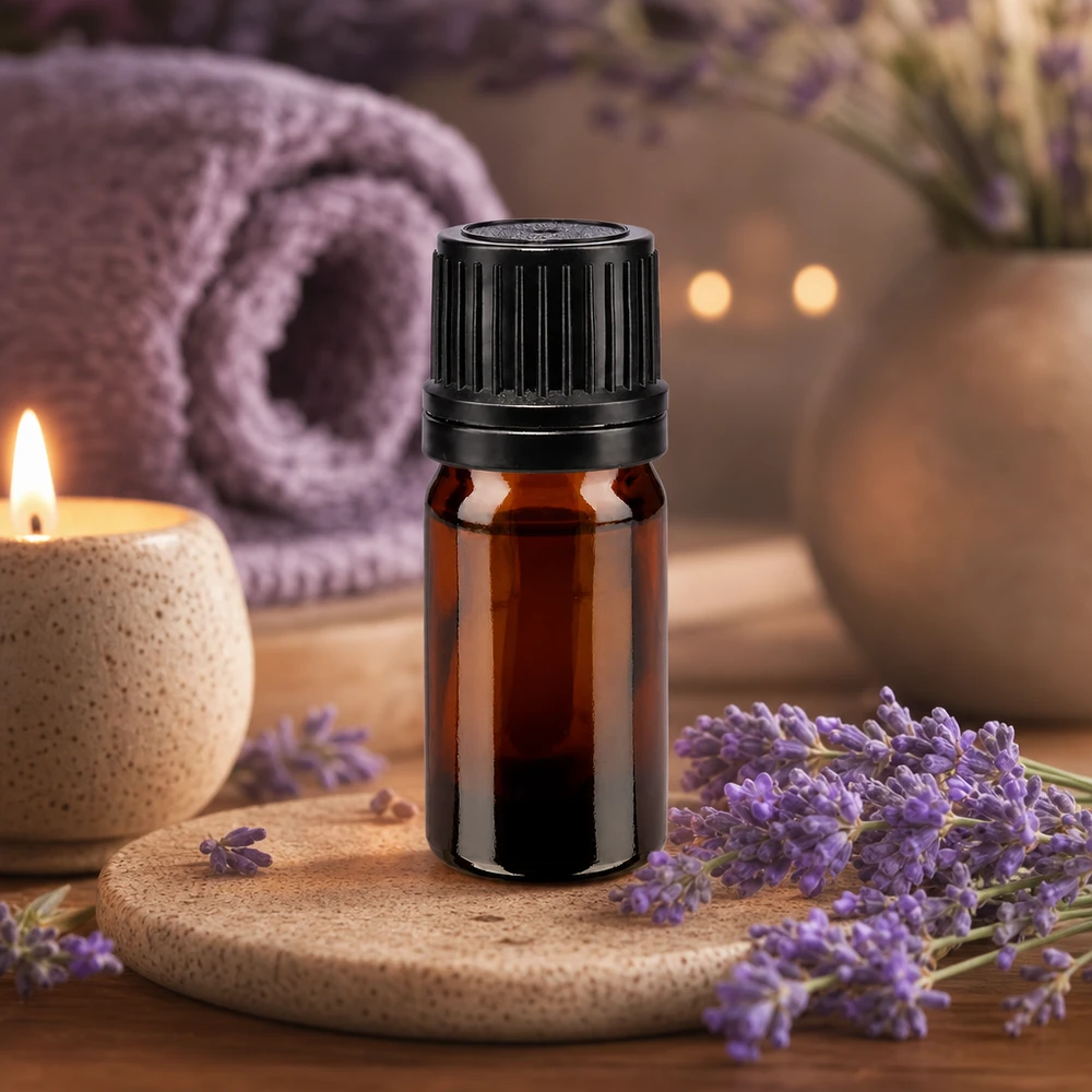 Frasco de farmácia castanho de 5 ml com tampa conta-gotas preta, com flores de lavanda e uma vela à frente