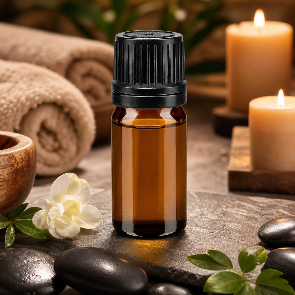 Frasco de farmácia castanho 5ml tampa de rosca preta anel de vazamento fecho inviolável Frasco de vidro de 5 ml na cor âmbar, com tampa OV preta, sobre pedras de massagem e uma flor branca