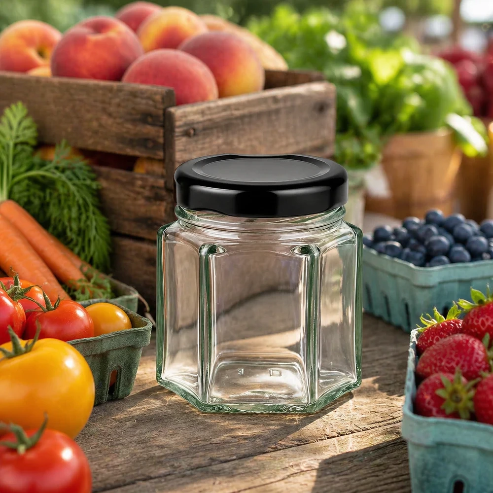 Frasco hexa de 47 ml com tampa BasicSeal preta UNiTWIST Copo hexa vazio de 47 ml com tampa preta numa mesa de madeira rodeada de frutas e legumes frescos numa cena rural