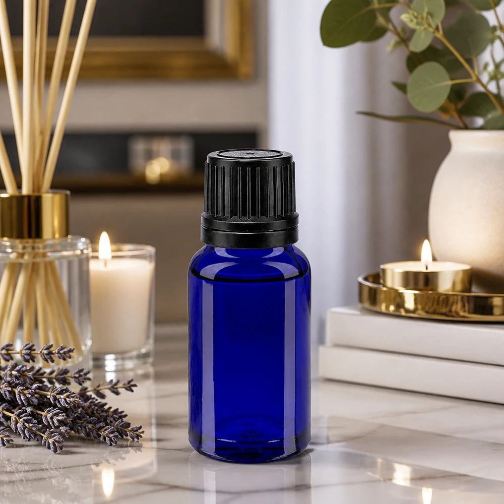 Frasco de farmácia azul 10ml tampa de rosca preta anel de vazamento fecho inviolável Frasco de vidro azul cobalto de 10 ml com tampa original preta para óleos essenciais e aromaterapia