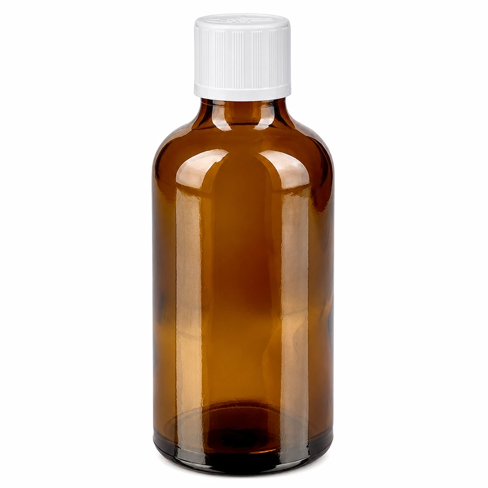 Frasco de farmácia castanho de 50 ml com tampa de segurança para crianças branca, em vidro castanho de alta qualidade