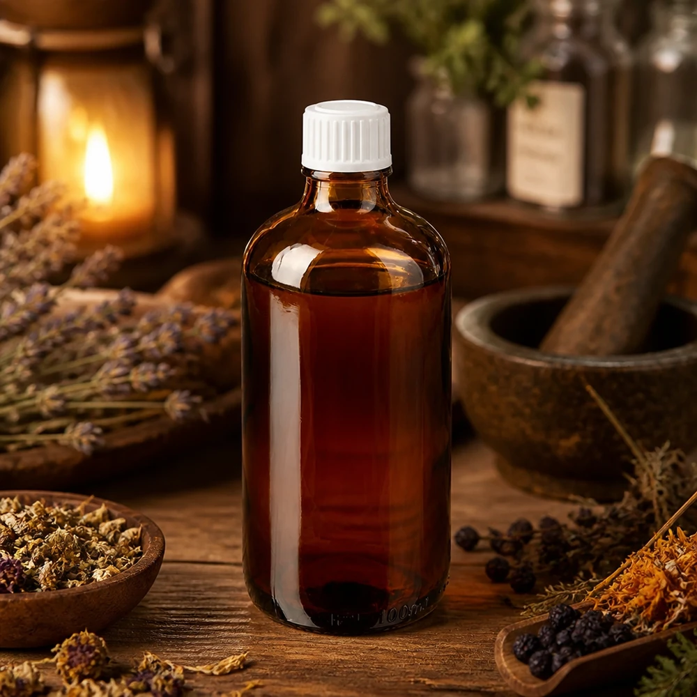 Frasco de vidro castanho de 100 ml com tampa branca, rodeado por ervas, lavanda e um almofariz sobre uma mesa de madeira