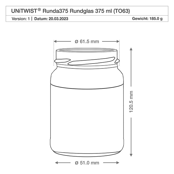 Frasco redondo de 375 ml sem tampa (TO63) UNiTWIST UNiTWIST Runda375 Rundglas 375ml TO63 technische Zeichnung mit Maßangaben Durchmesser 61mm Höhe 120mm Gewicht 185g