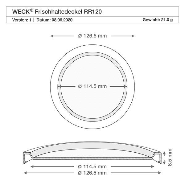 Tampa aderente WECK RR120 Desenho técnico da tampa de conservação WECK RR120 com as dimensões 126,5 mm de diâmetro exterior 114,5 mm de diâmetro interior