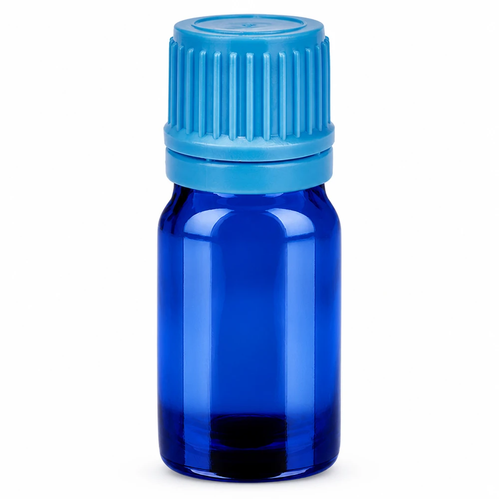 Frasco de 5 ml com tampa de rosca de 11 mm azul com fecho inviolável BlueLine UT18/5 Frasco de vidro azul de 5 ml com tampa de rosca para óleos essenciais e cosméticos