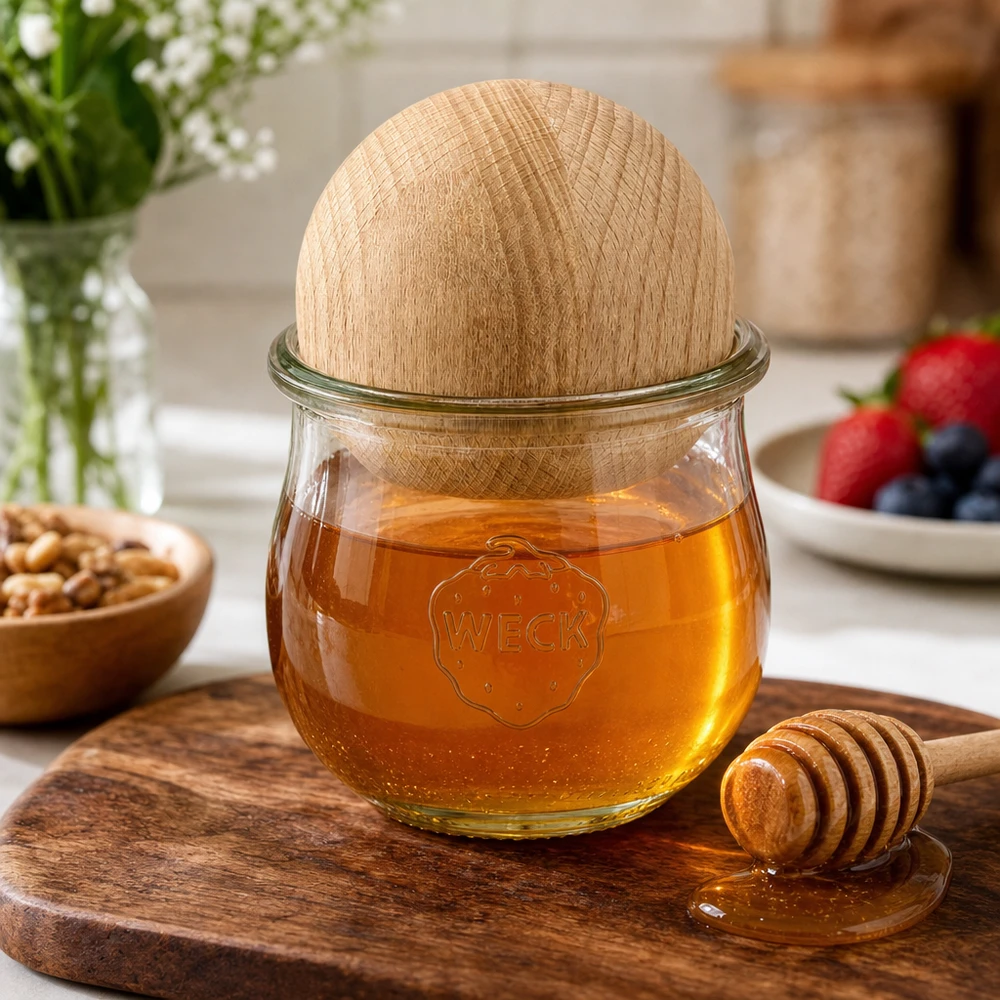 370ml Tulpenglas WECK RR80 mit Holzkugel Buche Frasco de tulipa WECK RR80 370ml com bola de faia como frasco de mel com colher de mel em tábua de madeira na cozinha natural