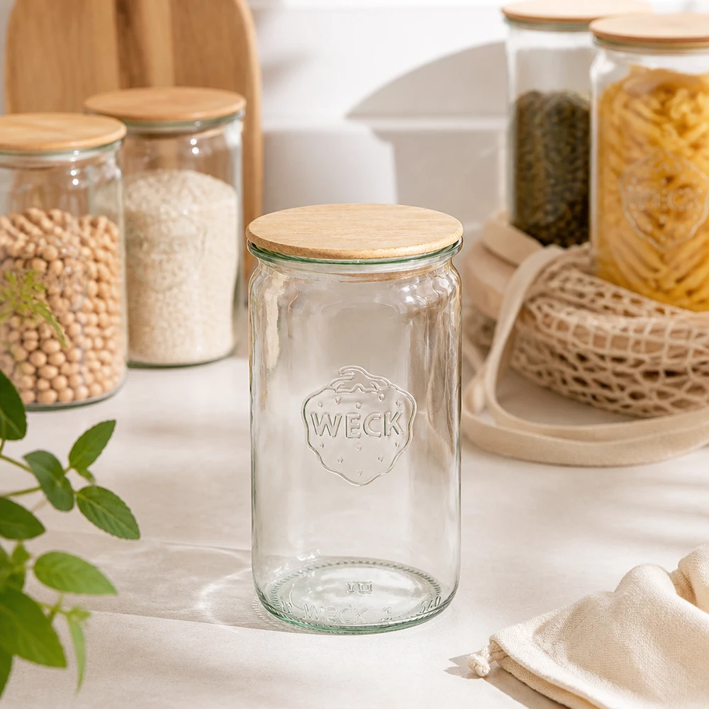 340ml Zylinderglas WECK RR60 mit Holzdeckel Frasco cilíndrico WECK 340ml RR60 vazio transparente com tampa de madeira em equipamento de cozinha moderno com frascos de arrumação