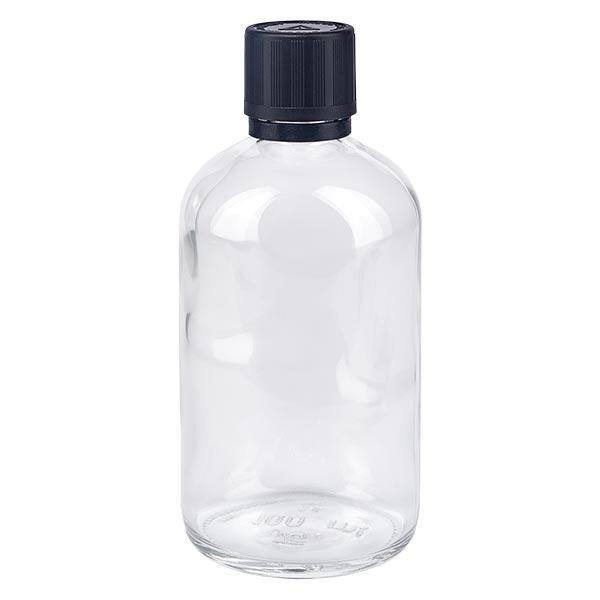 Frasco de farmácia transparente 100ml tampa conta-gotas premium 1mm preto resistente a crianças símbolo inviolável tampa inviolável.