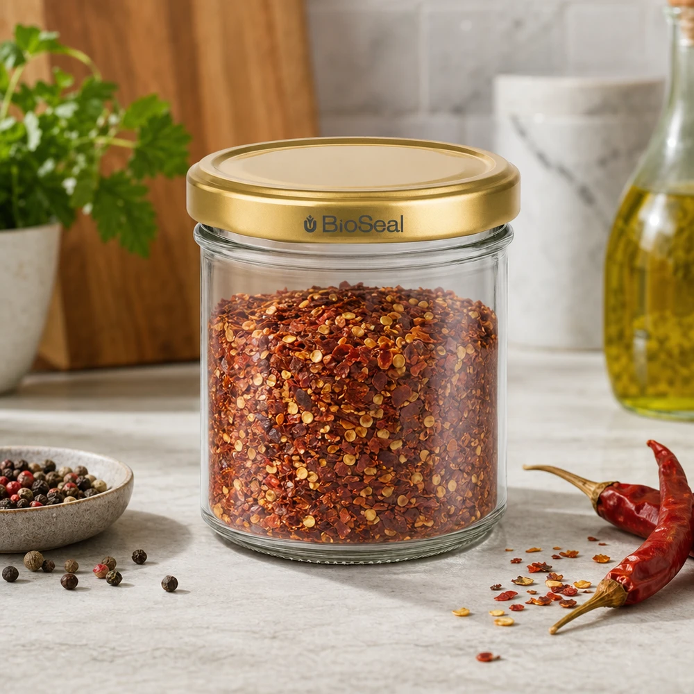 200g Honigglas mit goldenem Deckel BioSeal UNiTWIST Frasco de especiarias BioSeal 200g cheio de flocos de malagueta tampa dourada Cena de cozinha com grãos de pimenta e malagueta