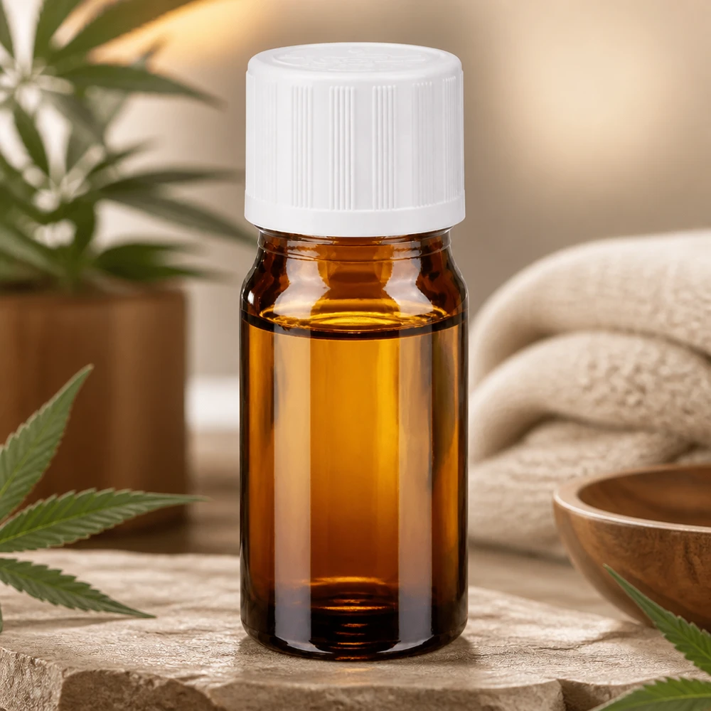 Frasco conta-gotas de 5 ml, de cor âmbar, com tampa KiSi branca, entre folhas de canábis sobre pedra natural