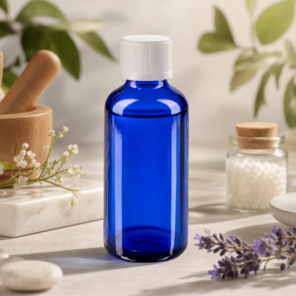 Garrafa de vidro azul de 50 ml com tampa de rosca branca ao lado de um almofariz de lavanda e glóbulos homeopáticos