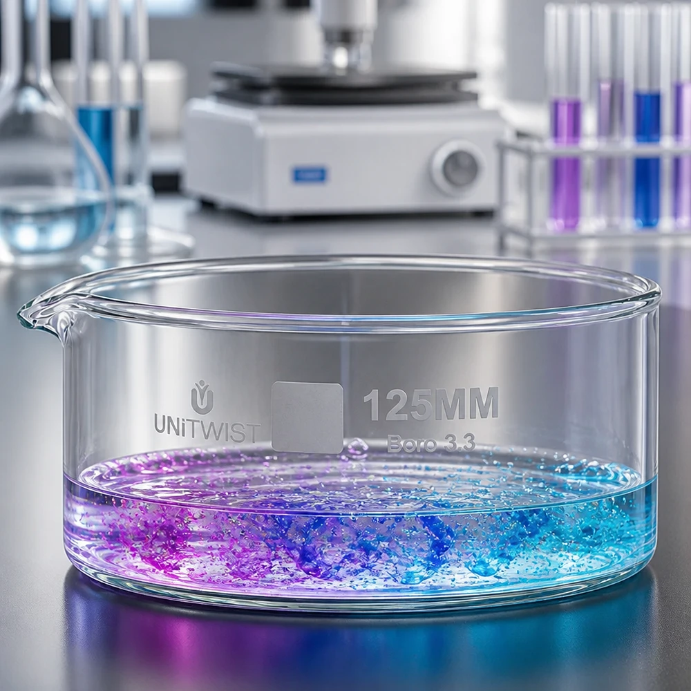 Prato de cristalização ø125mm em vidro borossilicato UNiTWIST Bandeja de cristalização de 125 mm UNiTWIST Boro 3.3 com solução de reação azul-violeta sobre a superfície do laboratório