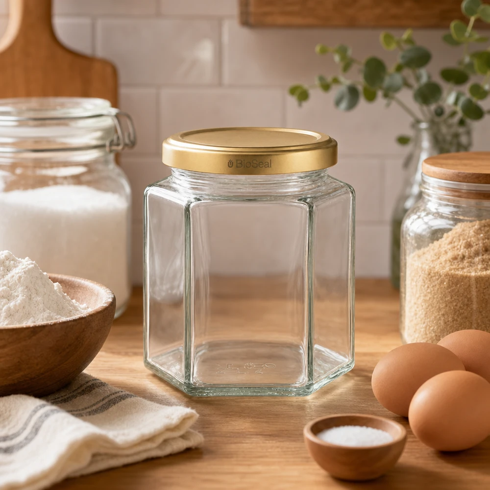 Frasco Hexa de 390 ml com tampa BioSeal dourada UNiTWIST UNiTWIST Hexa390 frasco de armazenamento vazio com tampa dourada BioSeal na cozinha com ingredientes de pastelaria, farinha, ovos e especiarias