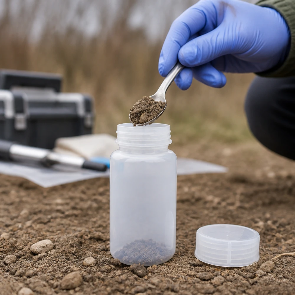Recolha de amostras no terreno: a amostra de solo é colocada com uma colher num frasco de laboratório de HDPE de gargalo largo com capacidade para 1000 ml