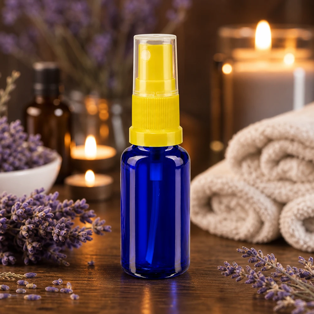 Frasco compacto para spray aromático de 20 ml, em vidro de farmácia azul com bico de bomba amarelo, entre flores de lavanda
