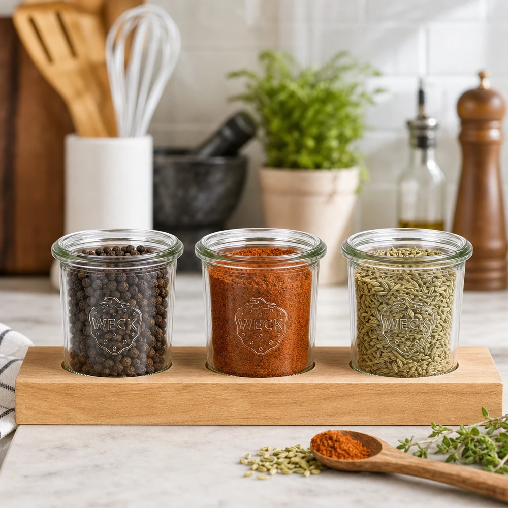 Tábua de servir Plano3 com 3 copos Weck de 140 ml Especiarias em copos WECK 140ml em tábua de servir Plano3 Pimenta em grão Paprika Sementes de funcho Organização da cozinha
