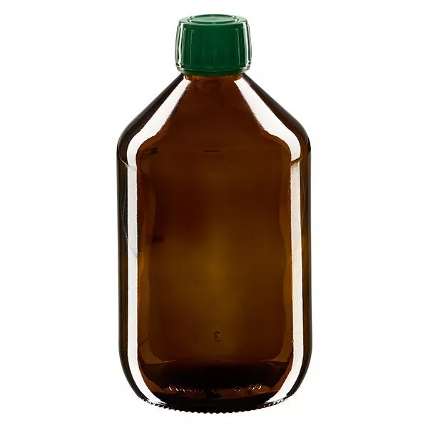 Frasco de medicamento de 500 ml castanho, tampa verde com anel inviolável ApoGlas Frasco de medicamento de 500 ml castanho, tampa verde com anel inviolável ApoGlas