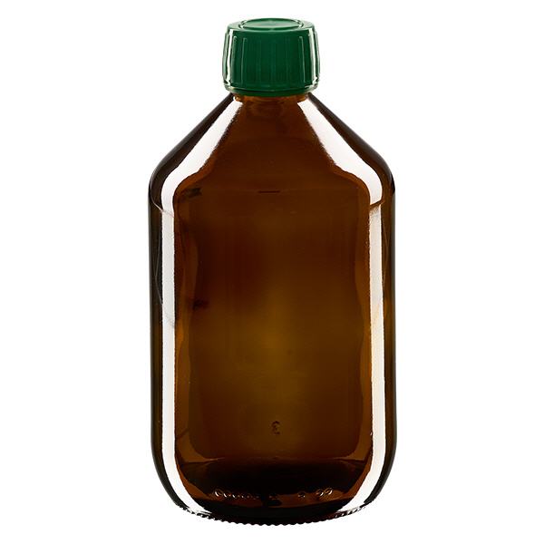 Frasco de medicamento de 500 ml castanho, tampa verde com anel inviolável ApoGlas Frasco de medicamento de 500 ml castanho, tampa verde com anel inviolável ApoGlas