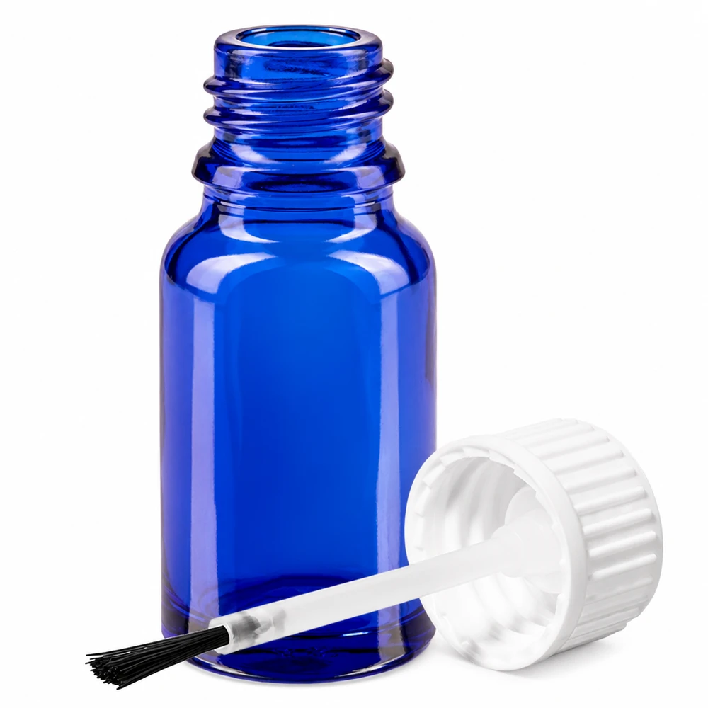 Frasco para pincéis de 10 ml branco com tampa standard BlueLine UT18/10 Frasco de vidro azul de 10 ml com pincel aplicador STD BlueLine UT18/10 para uma dosagem exacta