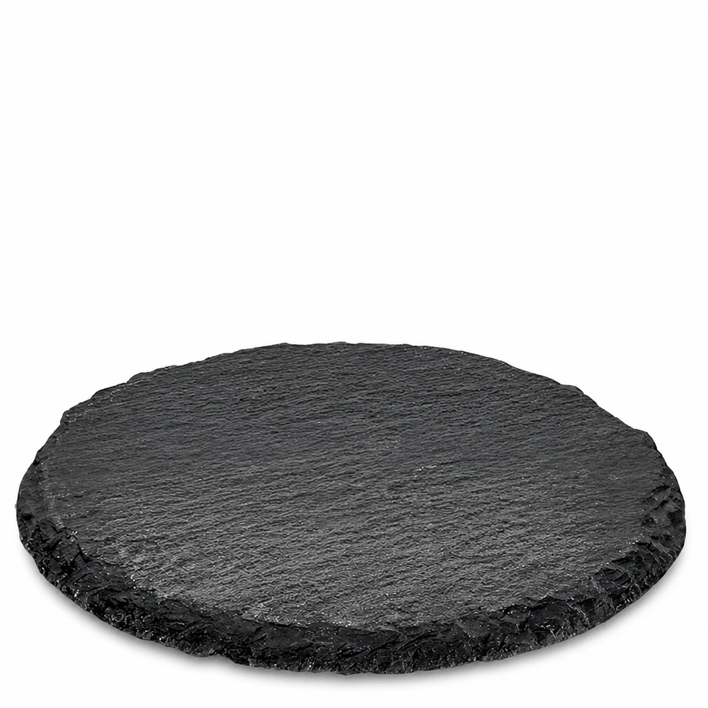 Prato redondo de ardósia preta com 15 cm de diâmetro como prato de servir com uma textura de pedra natural e rebordo rugoso
