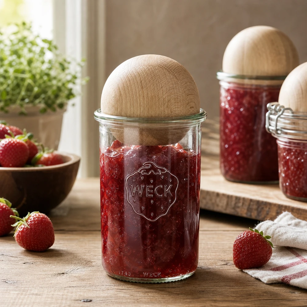 Copos de vidro de 1000ml WECK RR100 com bola de madeira faia Frasco de conserva WECK de 1000 ml cheio de compota de morango e tampa de bola de madeira na cozinha rústica com morangos frescos