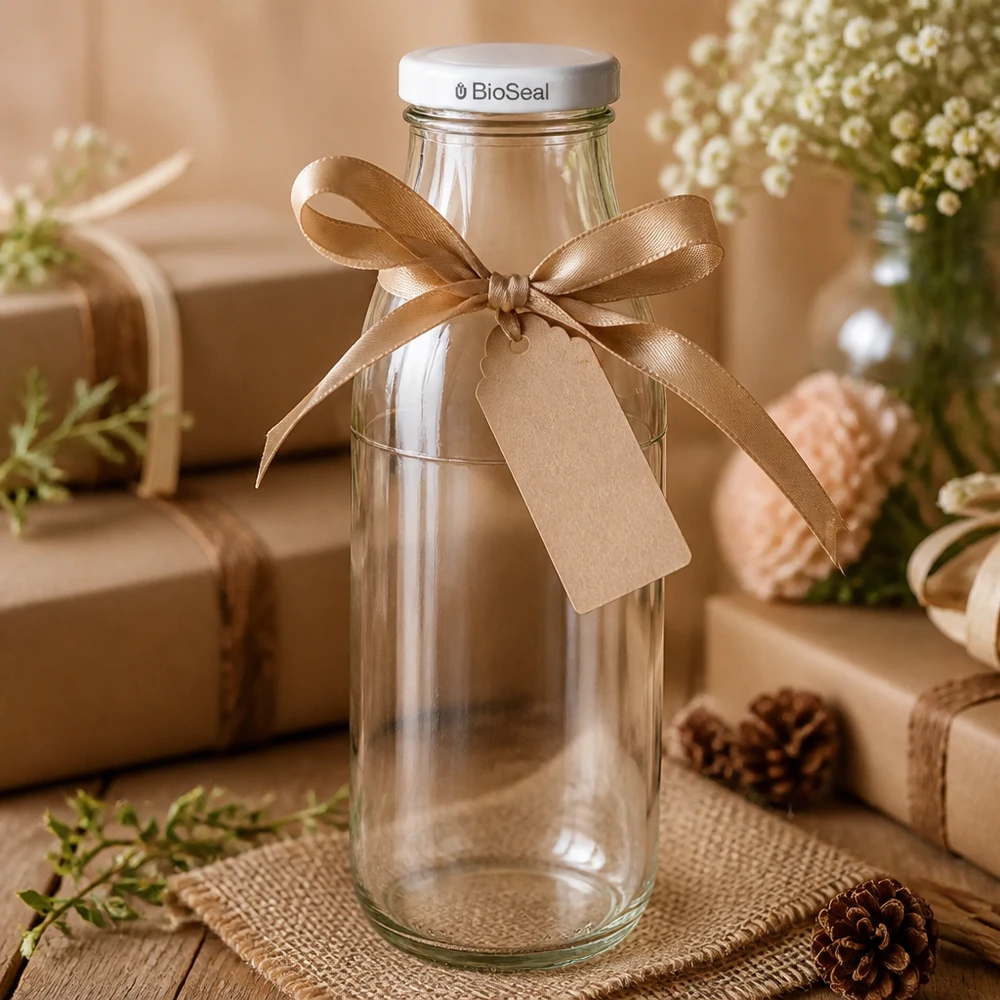 Garrafa de vidro vazia de 500 ml embrulhada para oferta com laço castanho e etiqueta, tampa BioSeal branca
