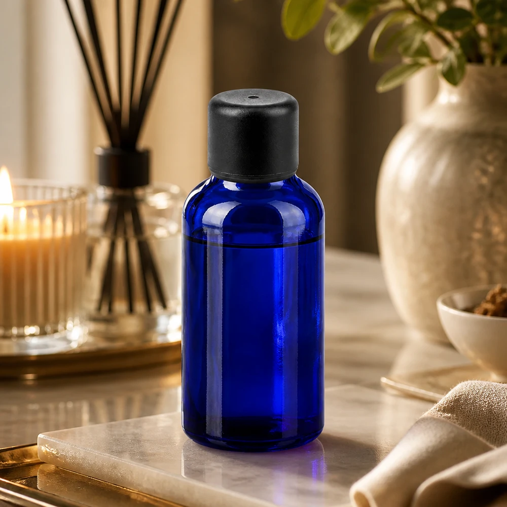 Frasco de 30ml com tampa de rosca de 6mm preta Standard BlueLine UT18/30 Frasco de boticário azul-cobalto de 30 ml com tampa de conta-gotas para aromaterapia e cosméticos naturais