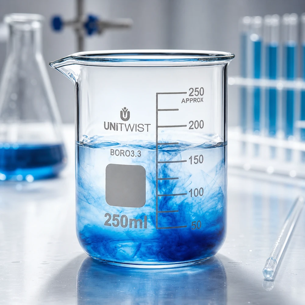Copo 250 ml de borossilicato, baixo teor de bolor UNiTWIST Béquer de laboratório transparente de 250 ml, de formato baixo, com corante azul que se dissipa na água