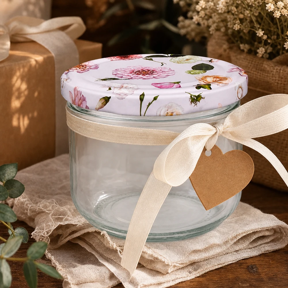 Copos de vidro de 260 ml + tampa BasicSeal cor-de-rosa UNiTWIST Sturzglas 260ml mit rosa Blumendeckel als Geschenkverpackung - dekoratives Einmachglas mit Schleife und Herzanhänger