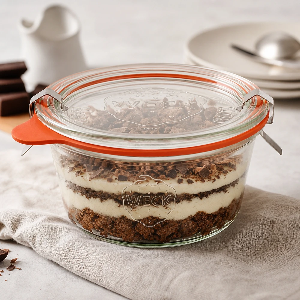 Os copos WECK de 290 ml RR100 cheios de sobremesa em camadas Tiramisu mostram a sua utilização versátil como frasco de sobremesa