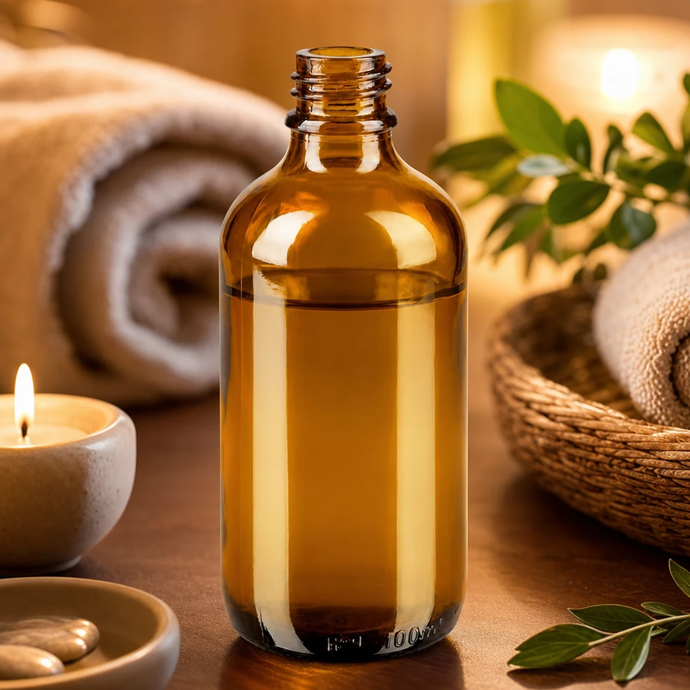 Frasco de farmácia ApoGlas 100ml castanho num ambiente de bem-estar quente com toalhas de vela e folhas verdes