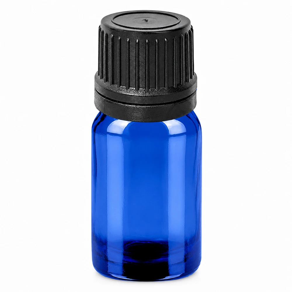 Frasco conta-gotas de 5 ml 1mm preto com fecho inviolável BlueLine UT18/5 Frasco conta-gotas de 5 ml azul com tampa preta para uma dosagem precisa de líquidos