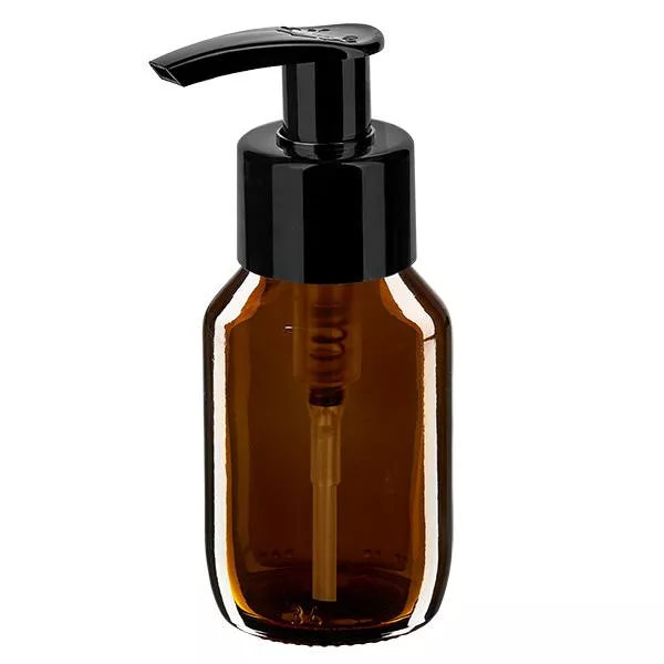 Frasco de medicamento de 50ml castanho, com bomba dispensadora preta ApoGlas Frasco de medicamento de 50ml castanho, com bomba dispensadora preta ApoGlas