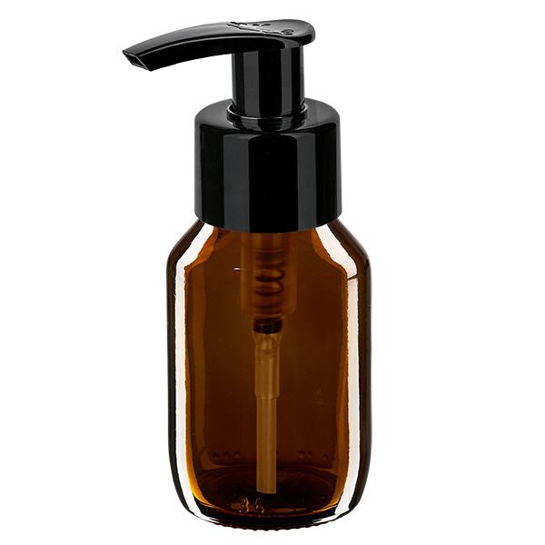 Frasco de medicamento de 50ml castanho, com bomba dispensadora preta ApoGlas