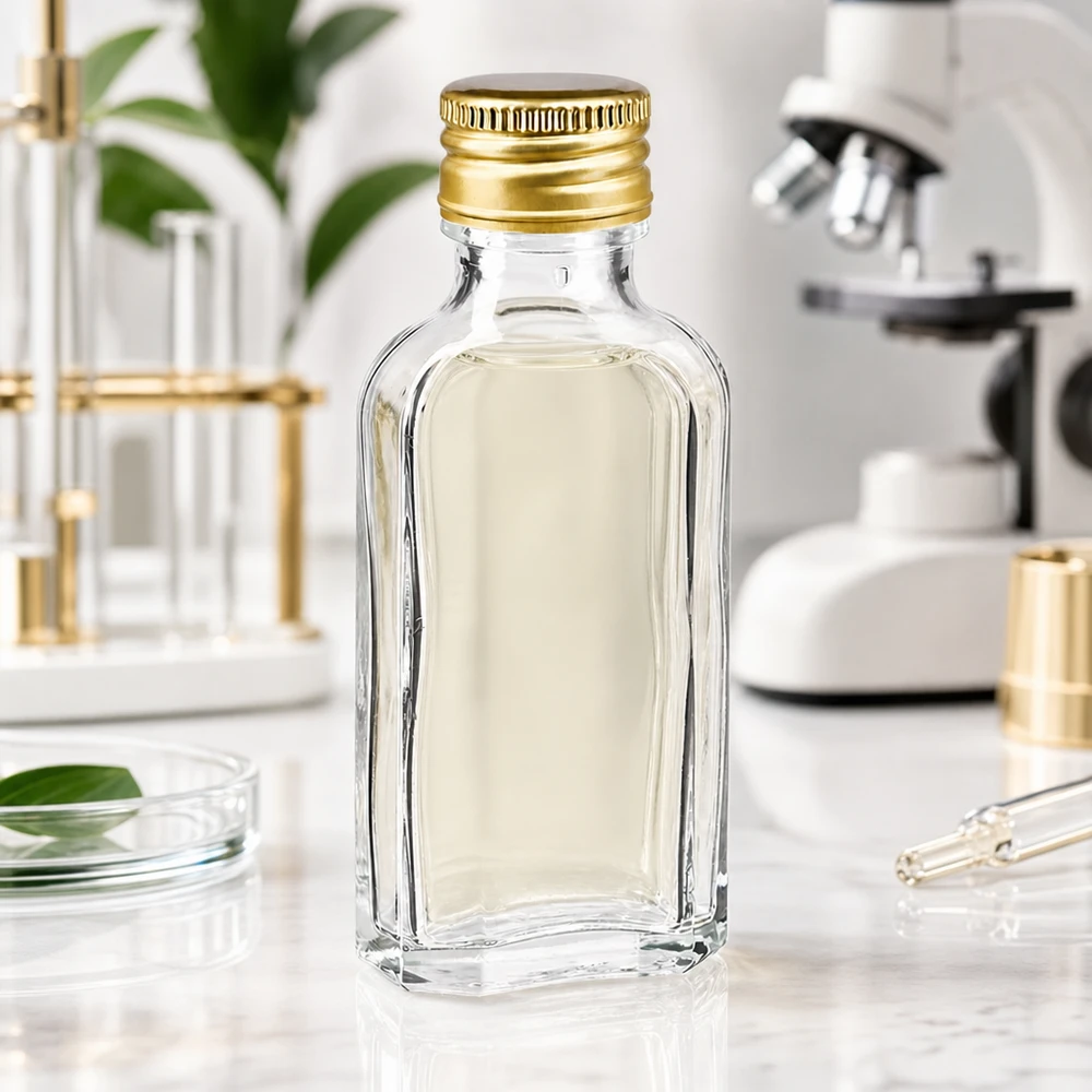 Frasco miniatura transparente Meplat de 50 ml com tampa de rosca em alumínio dourado brilhante PP22 num laboratório científico