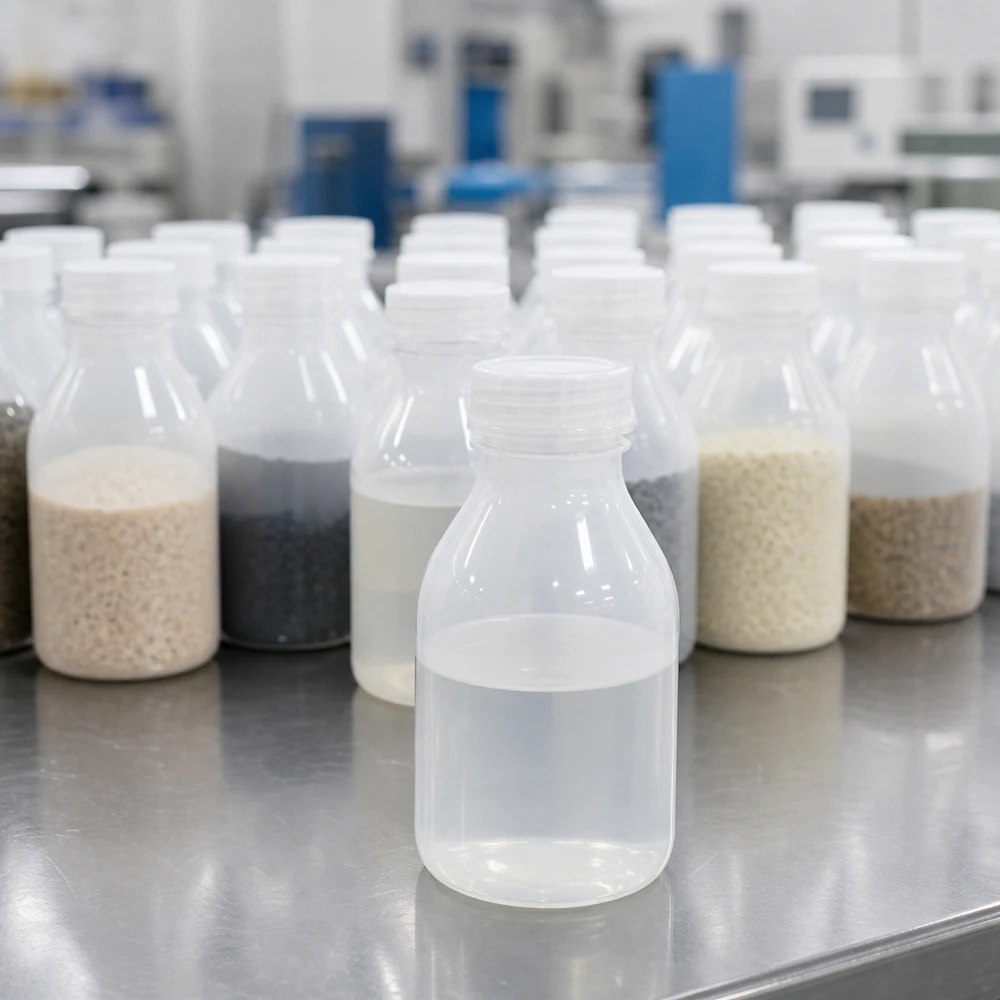 Vários frascos de laboratório de 20 ml de gargalo estreito, sem tampa, contendo vários tipos de grânulos e líquidos