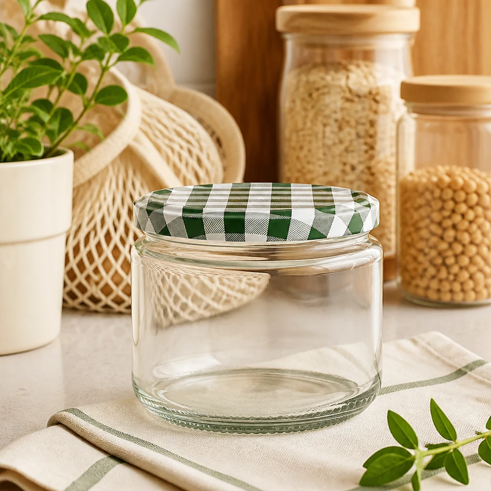 Frasco redondo de 330 ml vazio com tampa BasicSeal verde e branca na mesa da cozinha, com frascos de arrumação e plantas ao fundo