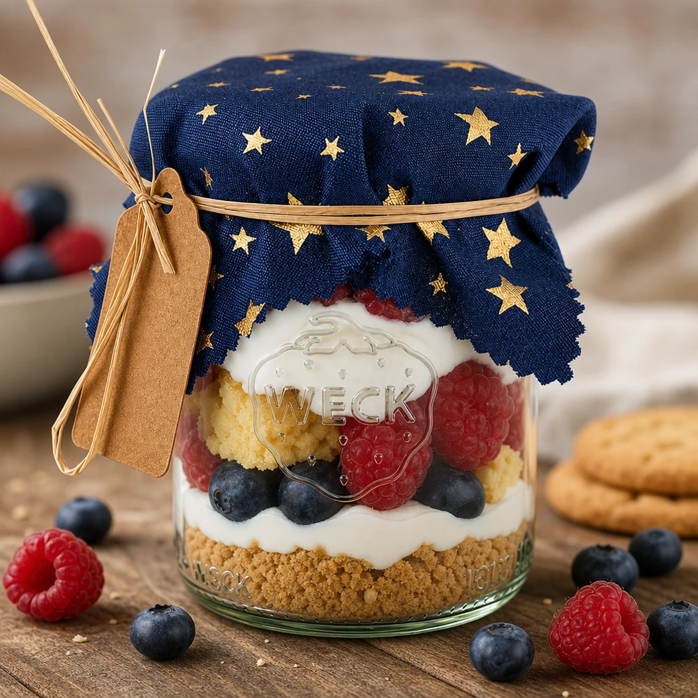 Pano de jóias em tecido azul "estrelas" quadrado de 12 cm Dessert im Glas mit blauem Sternen-Stoffdeckchen, Beeren-Trifle dekorativ abgedeckt, festliche Präsentation für Gäste
