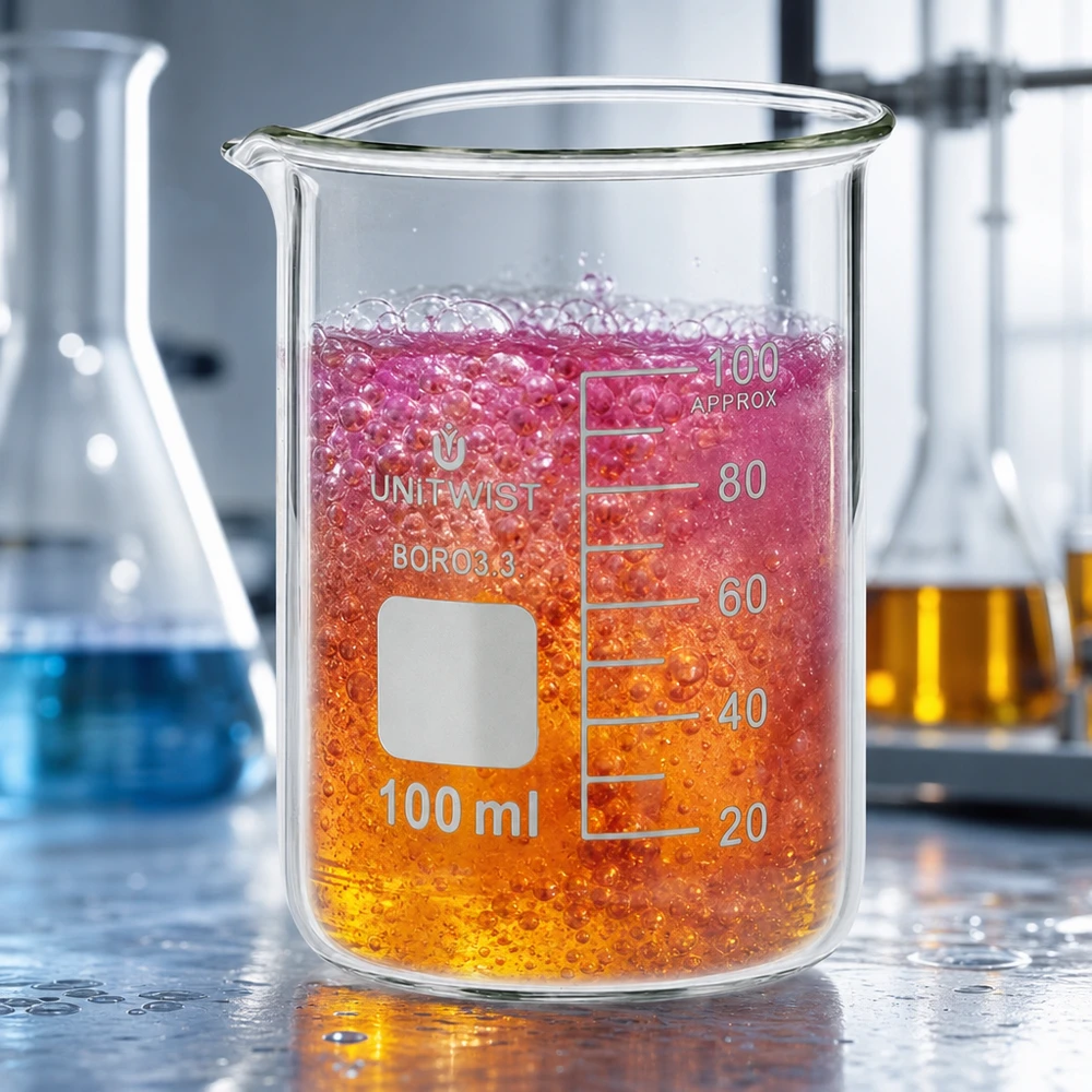 Copo 100 ml de borossilicato, baixo teor de bolor UNiTWIST Copo de vidro de 100 ml, de formato baixo, com um líquido de reação laranja-rosa e formação de bolhas UNiTWIST