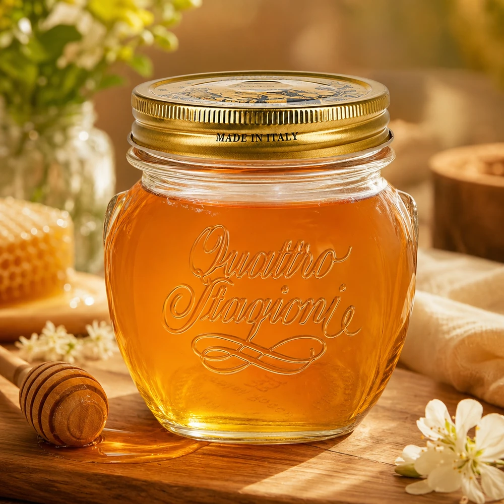 300ml Rundglas "Quattro Stagioni" mit Deckel Quattro Stagioni Frasco redondo de 300 ml com tampa dourada cheio de mel sobre mesa de madeira Fabricado em Itália