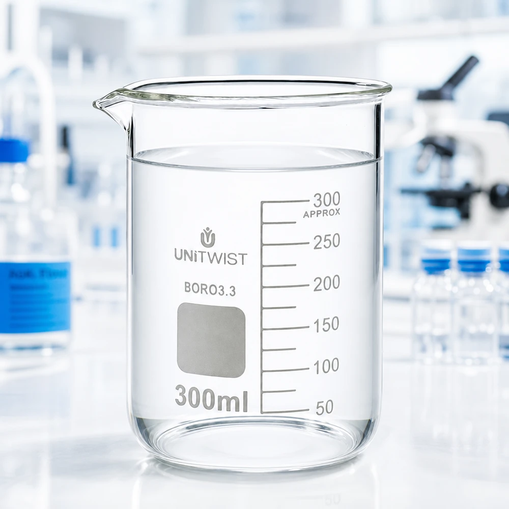 Imagem de laboratório: copo UNiTWIST de 300 ml em borossilicato, de formato baixo, com escala de medição ao fundo; microscópio