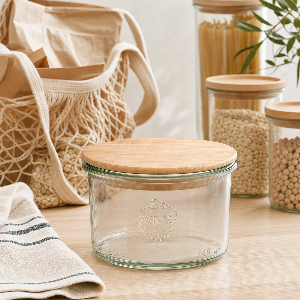 Copos de vidro WECK RR80 de 200 ml com tampa de madeira WECK Sturzglas 200ml mit Holzdeckel in moderner Zero-Waste Küche mit Vorratsgläsern und nachhaltigen Textilien
