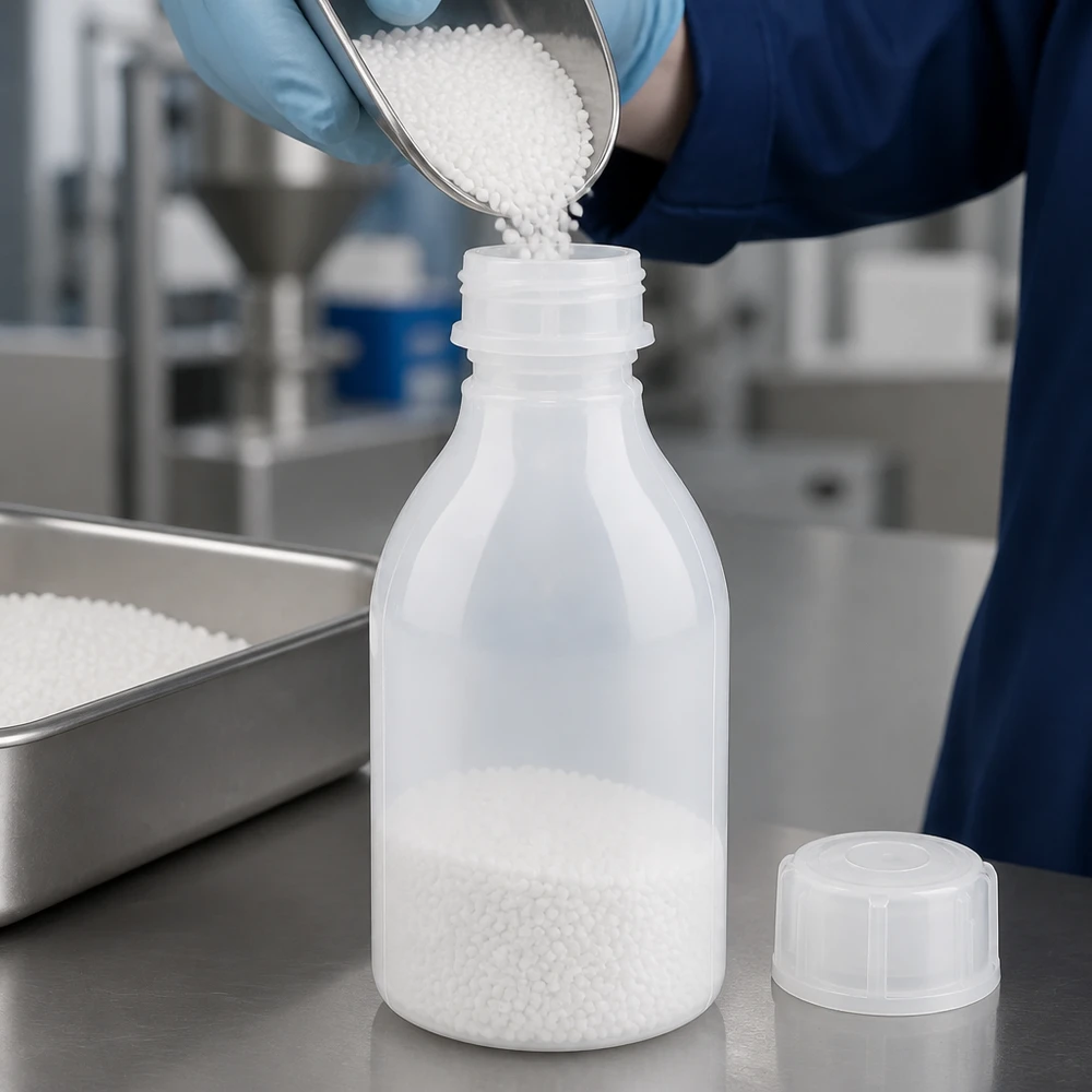 30ml Schraubflasche, Enghals Laborflasche Um técnico de laboratório coloca grânulos de plástico brancos com uma pá num frasco de 30 ml de gargalo estreito com tampa de rosca
