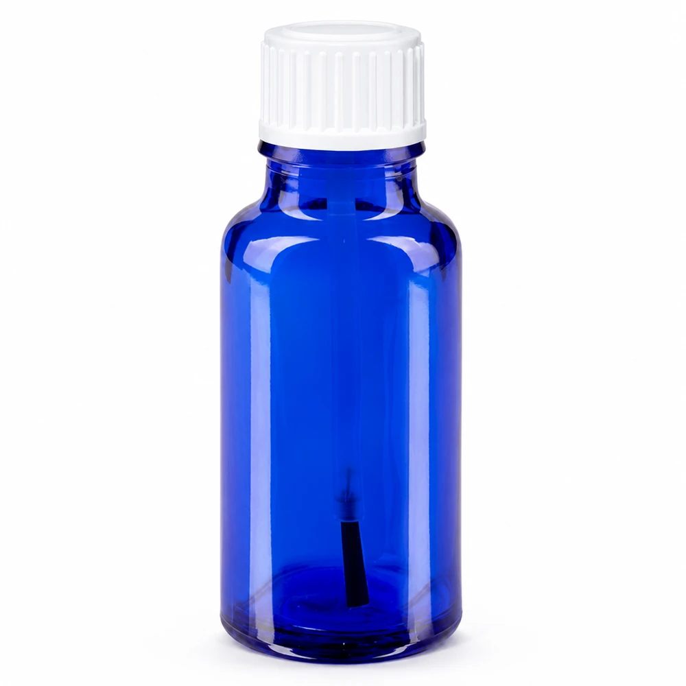 Frasco de vidro azul de farmácia com 20 ml e tampa de rosca branca