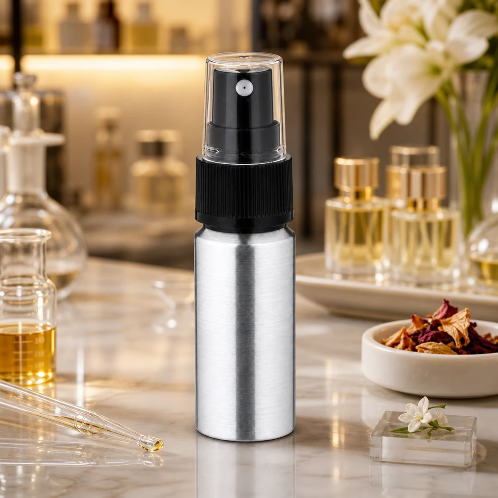 Frasco de alumínio polido de 20ml com nebulizador Frasco de alumínio prateado de 20 ml com atomizador - tamanho de viagem ideal para perfumes e cosméticos