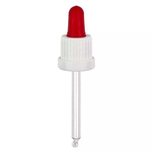 Pipeta conta-gotas de vidro branca/vermelha 18mm PL66 com fecho inviolável Pipeta conta-gotas de vidro branca/vermelha 18mm PL66 com fecho inviolável