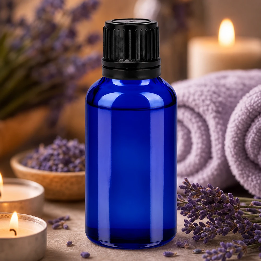 Frasco de aromaterapia de 30 ml em vidro azul de alta qualidade com tampa de segurança para crianças