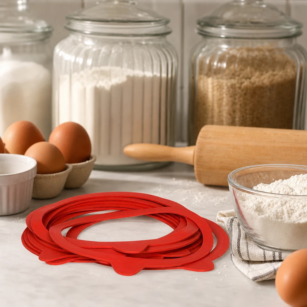Anel de vedação em borracha natural RR120 Anéis de conservação vermelhos RR120 de borracha natural na cozinha de pastelaria com ovos, farinha, rolo da massa e frascos de conservação